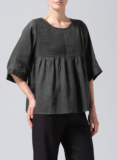 Linen Hand-Made Pleated Bell Sleeve Blouse