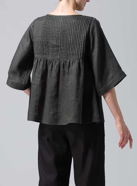 Linen Hand-Made Pleated Bell Sleeve Blouse