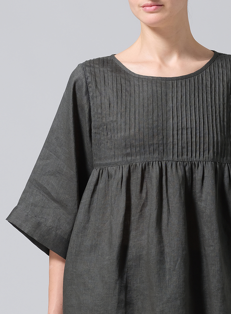 Linen Hand-Made Pleated Bell Sleeve Blouse
