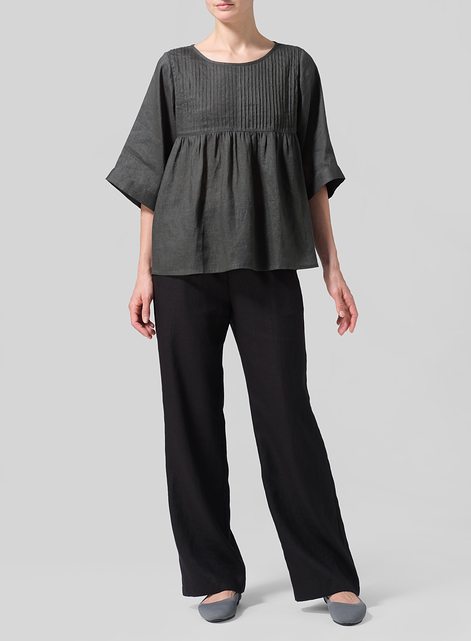 Linen Hand-Made Pleated Bell Sleeve Blouse