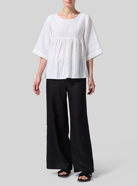 Linen Hand-Made Pleated Bell Sleeve Blouse