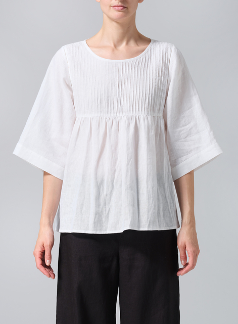 Linen Hand-Made Pleated Bell Sleeve Blouse