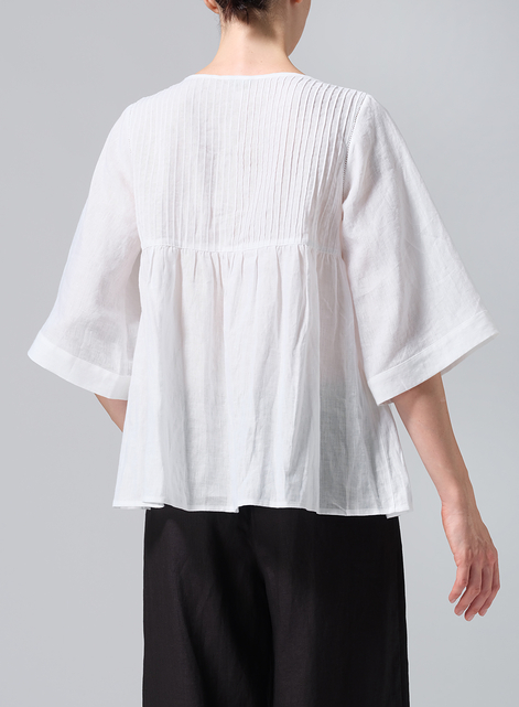 Linen Hand-Made Pleated Bell Sleeve Blouse