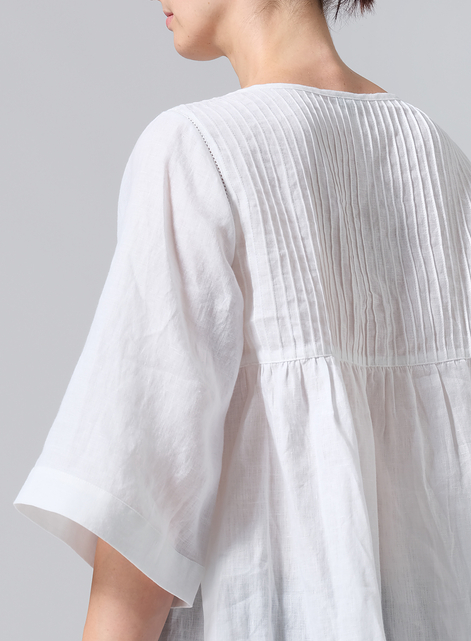 Linen Hand-Made Pleated Bell Sleeve Blouse