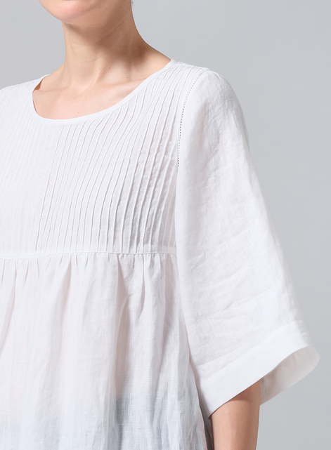 Linen Hand-Made Pleated Bell Sleeve Blouse