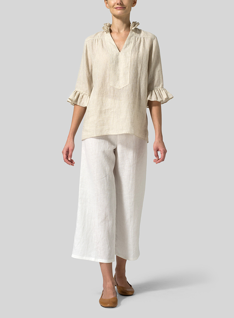 Linen Ruffle Stand Collar Top