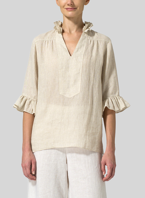Linen Ruffle Stand Collar Top