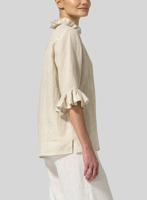Linen Ruffle Stand Collar Top
