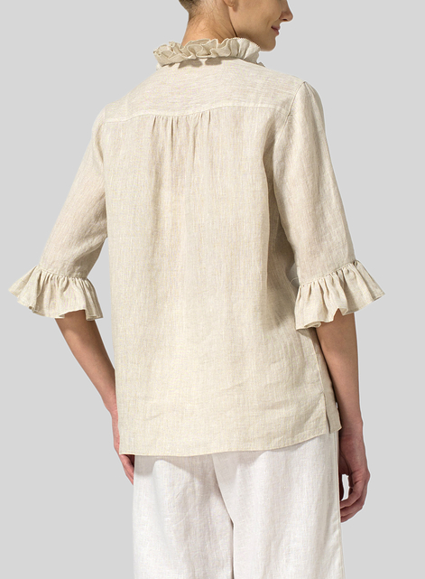 Linen Ruffle Stand Collar Top