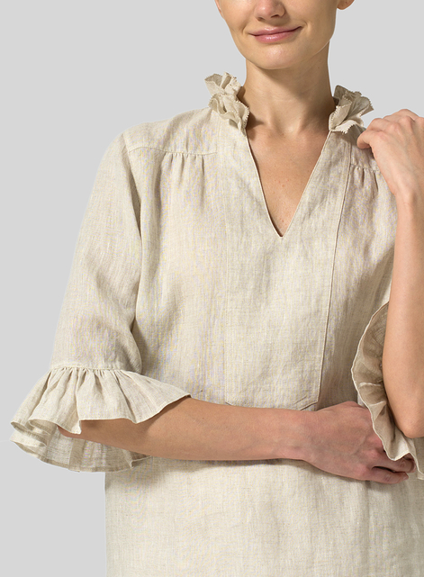 Linen Ruffle Stand Collar Top