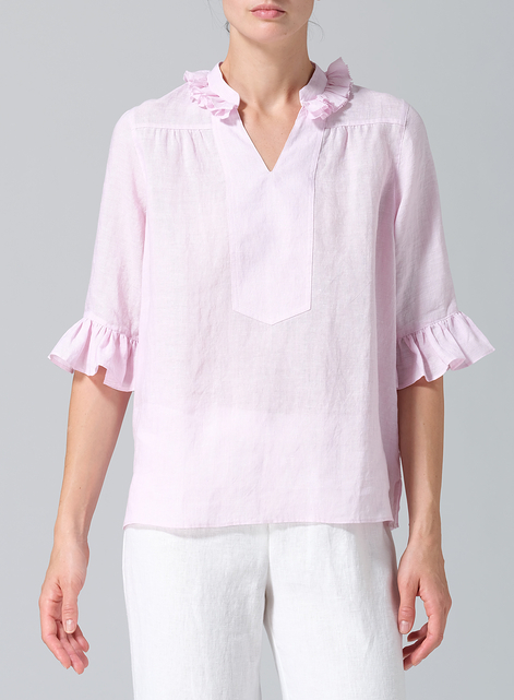 Linen Ruffle Stand Collar Top