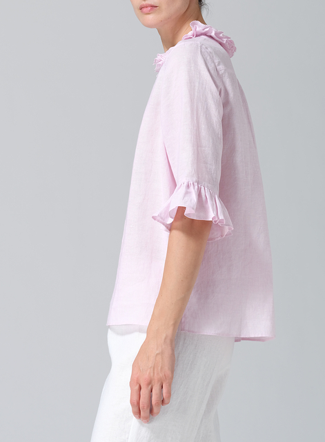 Linen Ruffle Stand Collar Top