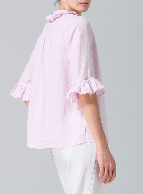 Linen Ruffle Stand Collar Top