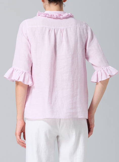 Linen Ruffle Stand Collar Top