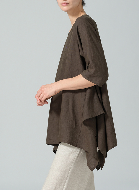 Linen Half Sleeves Handkerchief Hem Tunic