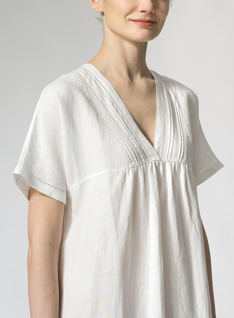 Linen Short Sleeve Neck Pleated Top
