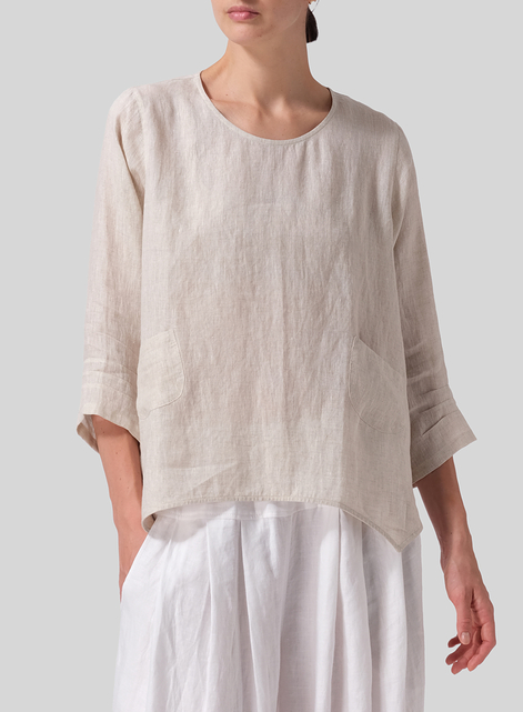 Linen Round Neck 3/4 Sleeve Top