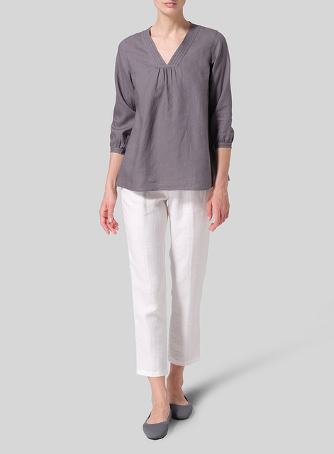Linen Embroidered A-Line V-Neck Blouse