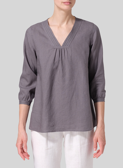 Linen Embroidered A-Line V-Neck Blouse