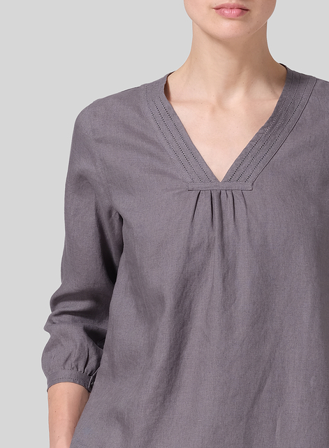 Linen Embroidered A-Line V-Neck Blouse
