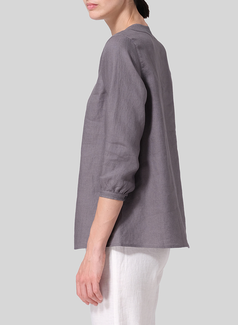 Linen Embroidered A-Line V-Neck Blouse
