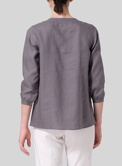 Linen Embroidered A-Line V-Neck Blouse