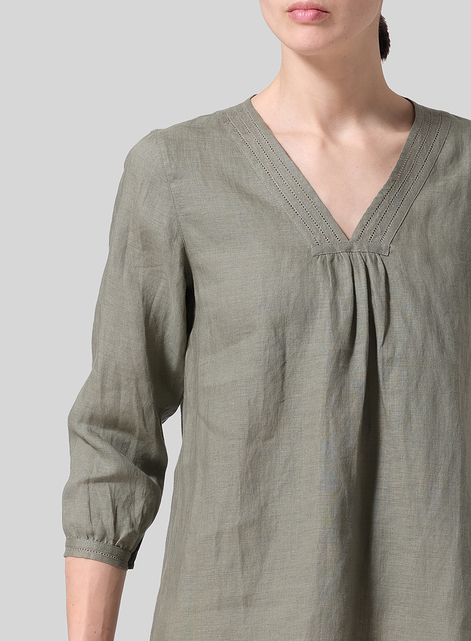 Linen Embroidered A-Line V-Neck Blouse