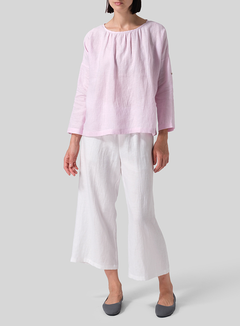 Linen Loose Pleated Roll-Tab Sleeve Top
