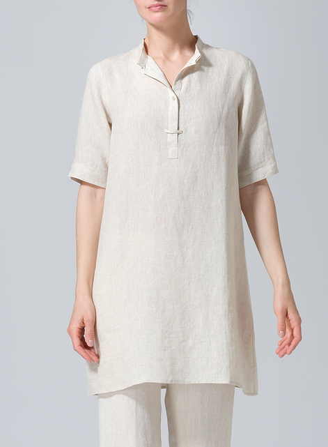 Linen A-line Tunic With Double-layer Collar