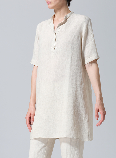 Linen A-line Tunic With Double-layer Collar