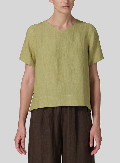 Linen Regular Fit V-Neck Short Top