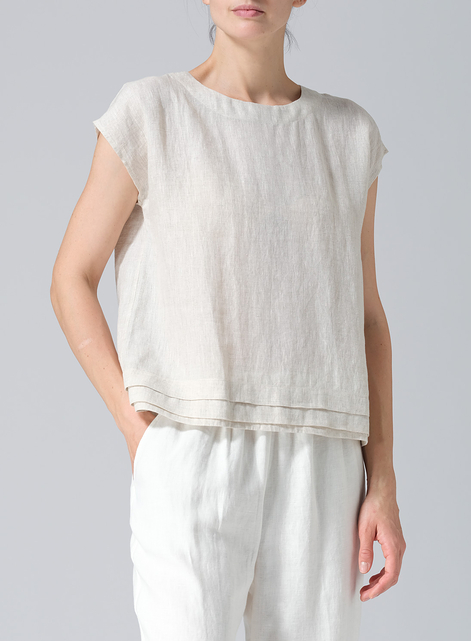 Linen Boxy Cap Sleeves Cropped Top