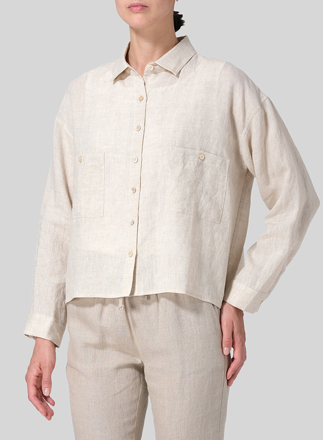 Linen Sloped Shoulder Wide Boxes with Collar Cropped Shirt