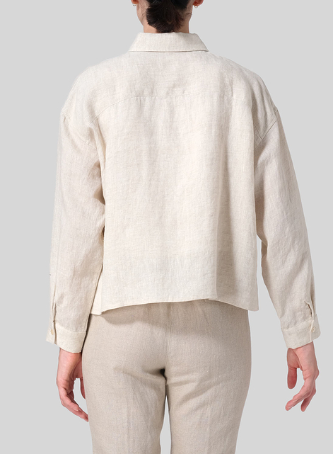 Linen Sloped Shoulder Wide Boxes with Collar Cropped Shirt