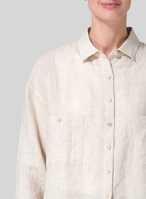 Linen Sloped Shoulder Wide Boxes with Collar Cropped Shirt
