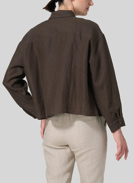 Linen Sloped Shoulder Wide Boxes with Collar Cropped Shirt