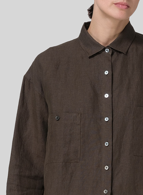 Linen Sloped Shoulder Wide Boxes with Collar Cropped Shirt