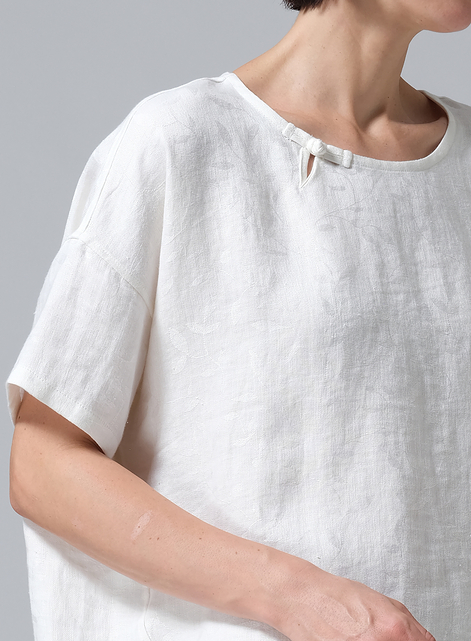 Jacquard Linen Relaxed Handmade Knot Buttons Top