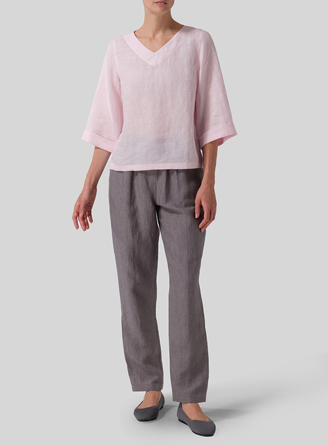 Linen Wide Sleeves V-Neckline Blouse