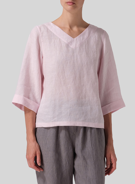 Linen Wide Sleeves V-Neckline Blouse