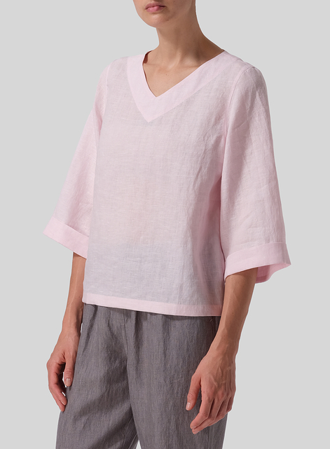 Linen Wide Sleeves V-Neckline Blouse