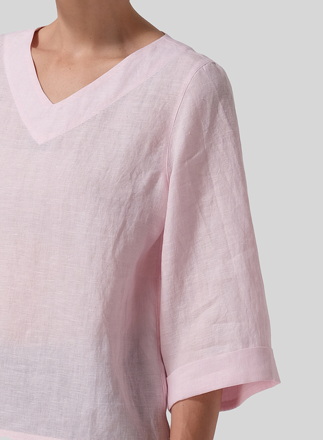 Linen Wide Sleeves V-Neckline Blouse