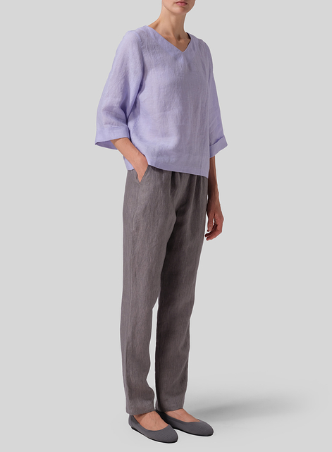 Linen Wide Sleeves V-Neckline Blouse
