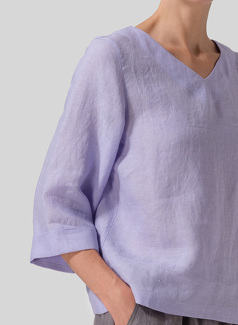 Linen Wide Sleeves V-Neckline Blouse