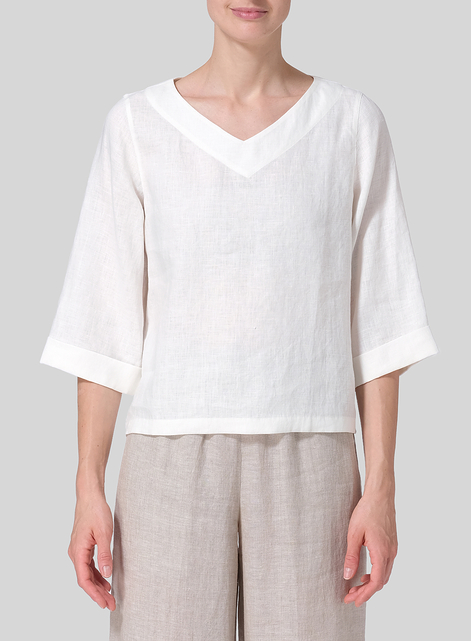Linen Wide Sleeves V-Neckline Blouse