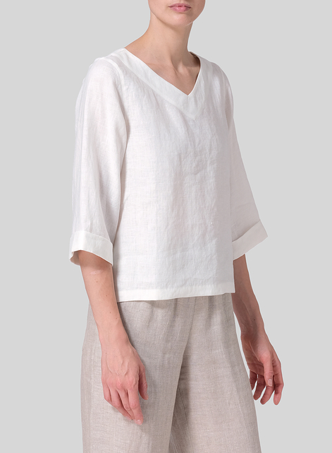 Linen Wide Sleeves V-Neckline Blouse