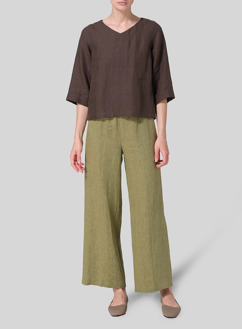 Linen Wide Sleeves V-Neckline Blouse