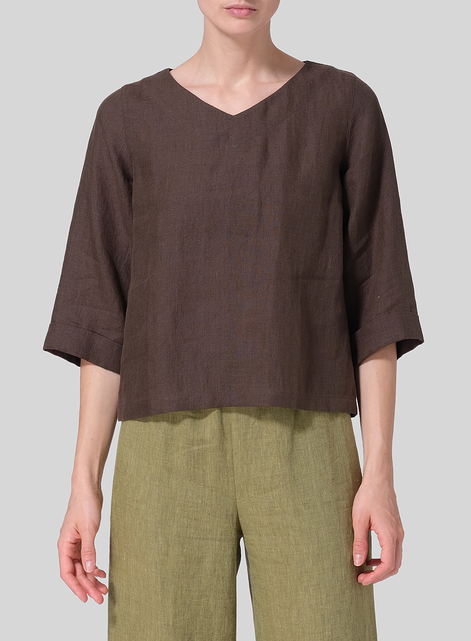 Linen Wide Sleeves V-Neckline Blouse