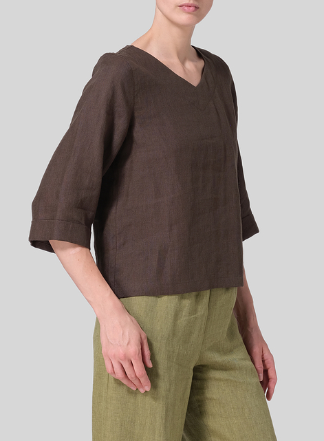 Linen Wide Sleeves V-Neckline Blouse