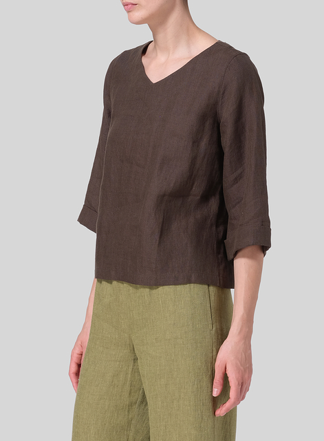 Linen Wide Sleeves V-Neckline Blouse